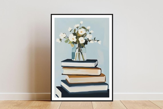 Stacked Books with White Blossom Vase Poster in Soft Blue Tones