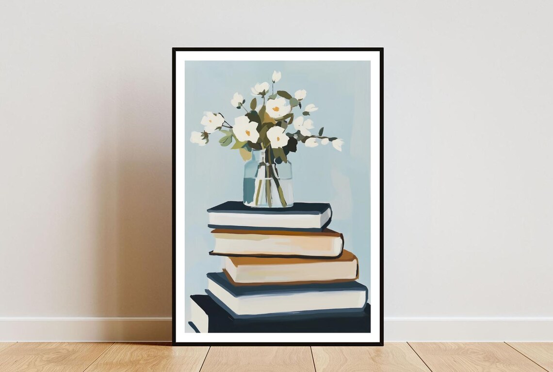Stacked Books with White Blossom Vase Poster in Soft Blue Tones