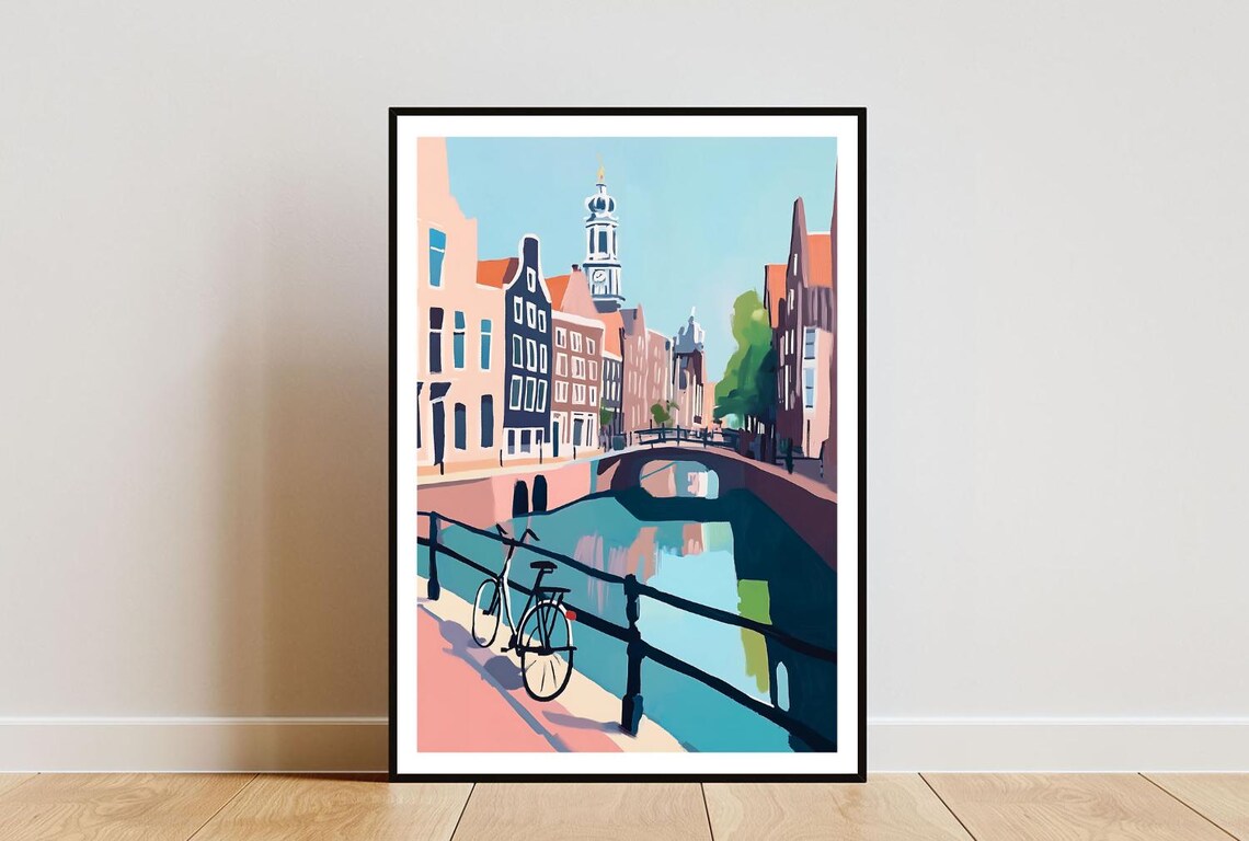 Amsterdam Canal Colorful Houses Bicycle Waterfront Art Poster