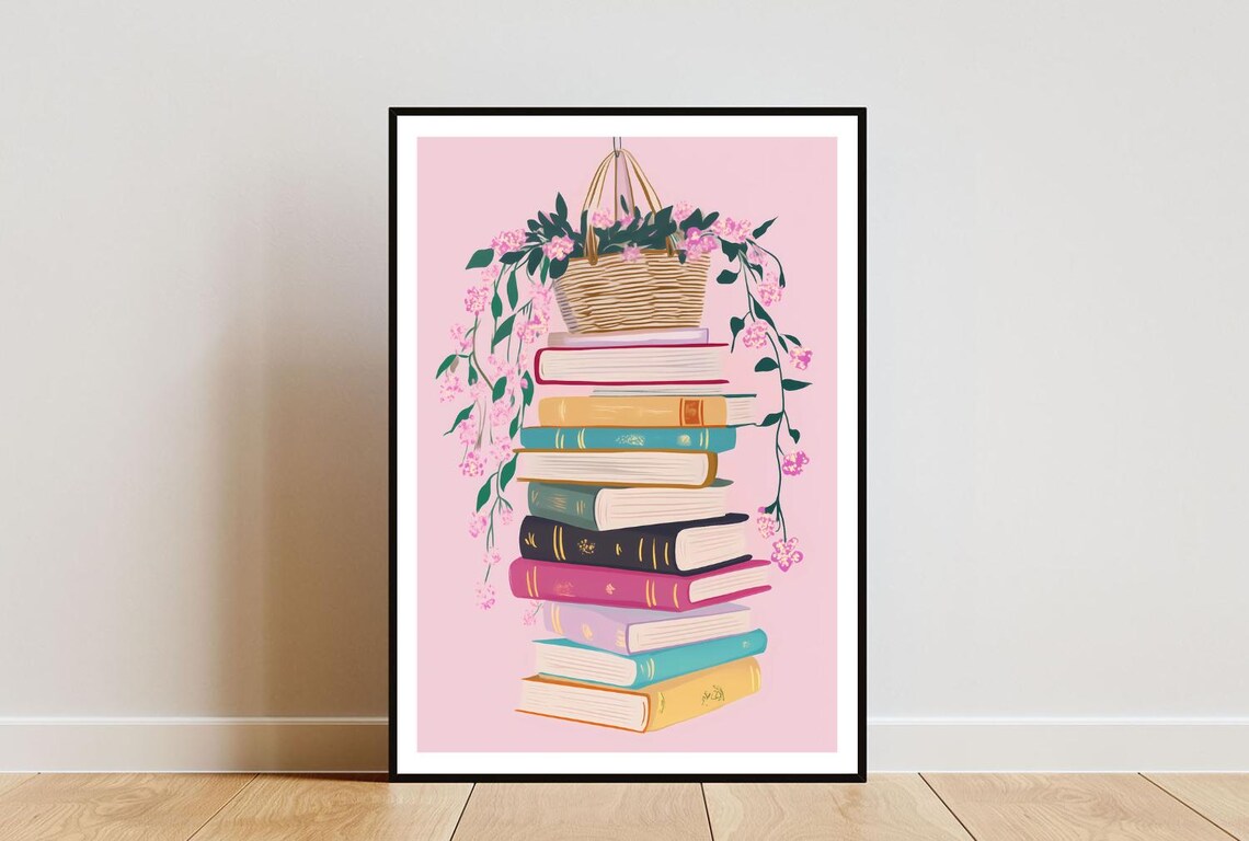 Stack Of Colorful Books With Hanging Flower Basket Pink Art Poster
