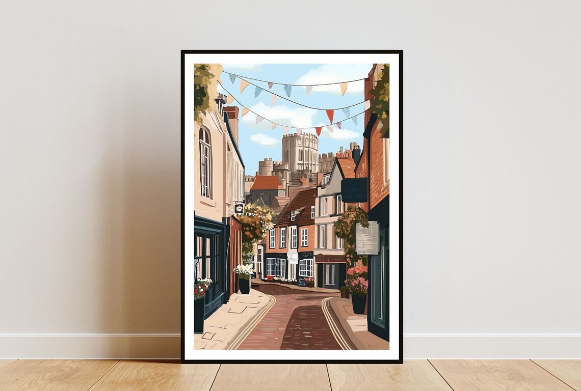 York England Historic Street with Castle Towers Bunting Poster