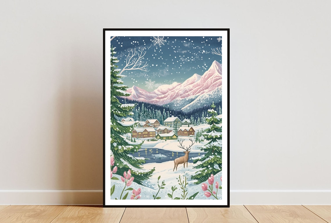 Lapland Snowy Winter Village Reindeer Starry Night Scene Poster