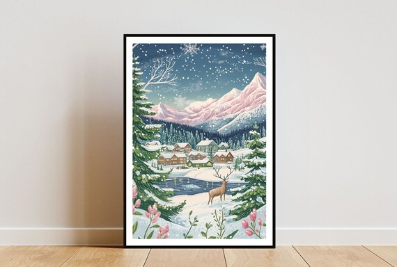 Lapland Snowy Winter Village Reindeer Starry Night Scene Poster