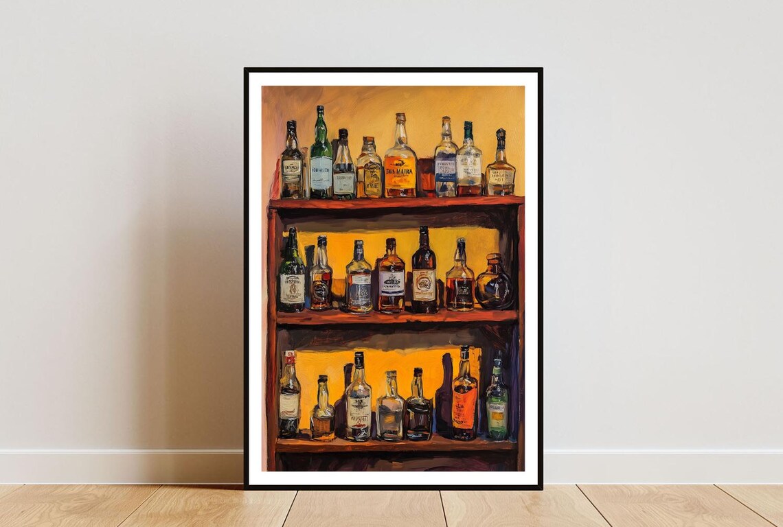 Vintage Whiskey Bottles On Wooden Shelves Warm Amber Oil Painting Poster