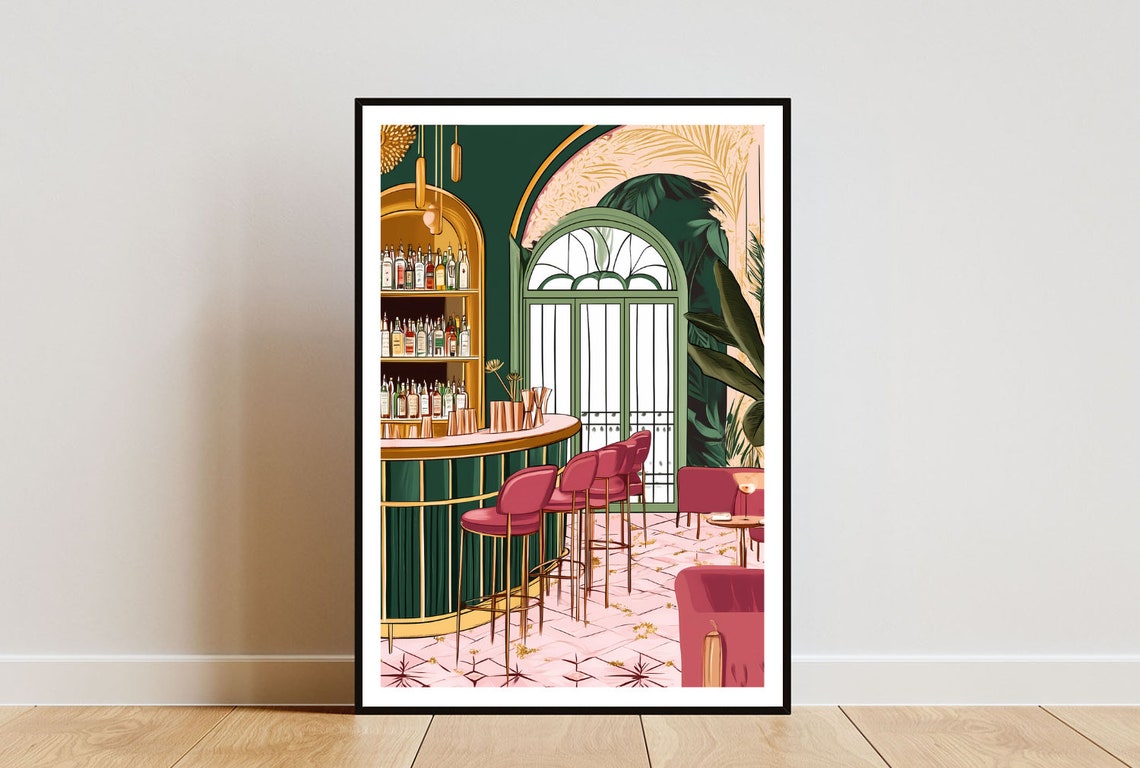 Retro Cocktail Bar Interior Art Deco Emerald Pink Lounge Poster