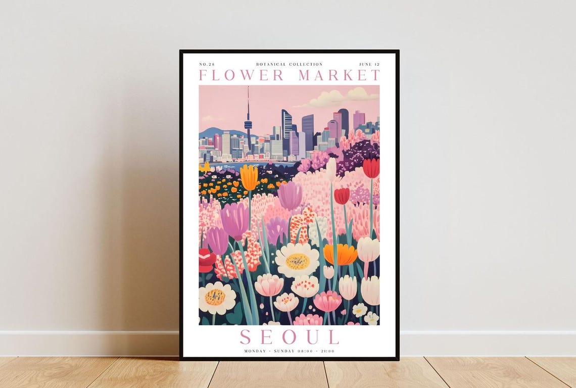 Seoul Flower Market Poster Seoul Poster Flower Market Print Flower Wall Art Botanical Poster Floral Wall Art Pink Flower Poster