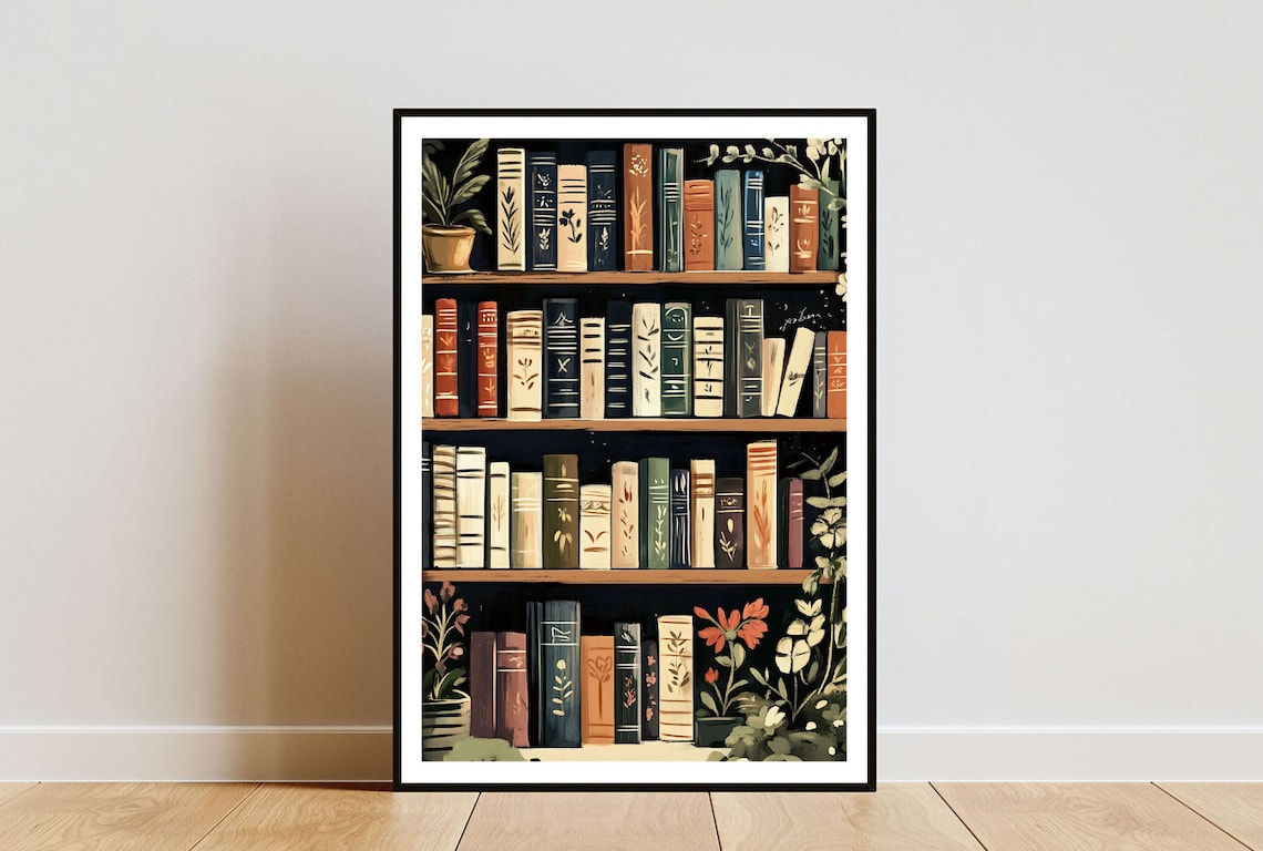 Bookshelf Vintage Boho Poster, Living Room Art Print