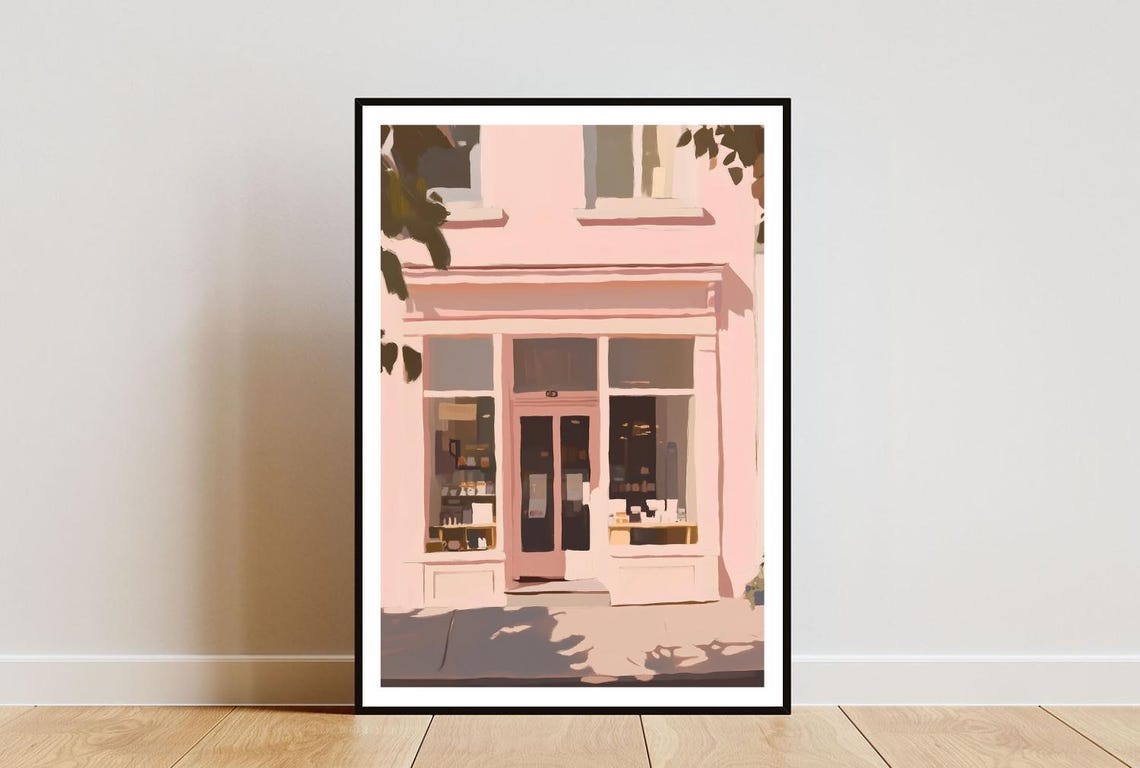 Pink Coffee Shop Storefront Poster with Sunlit Doorway Illustration