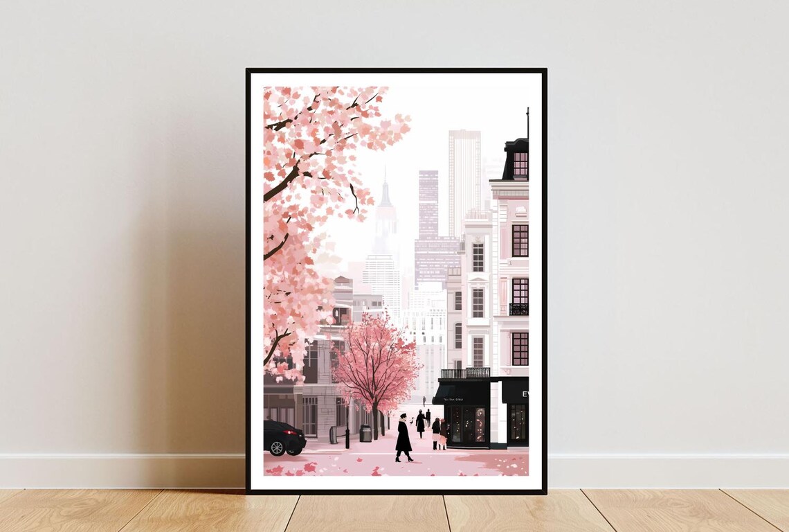 New York Poster New York Print America Wall Art Pink Poster Usa Print Empire State Building Usa New York Art Cherry Blossom Art