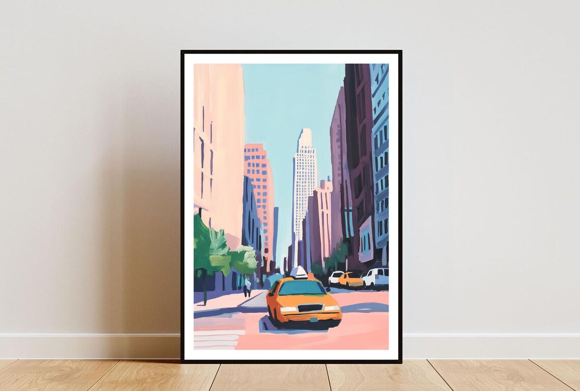 New York City Yellow Taxi Street Poster with Manhattan Skyscraper View