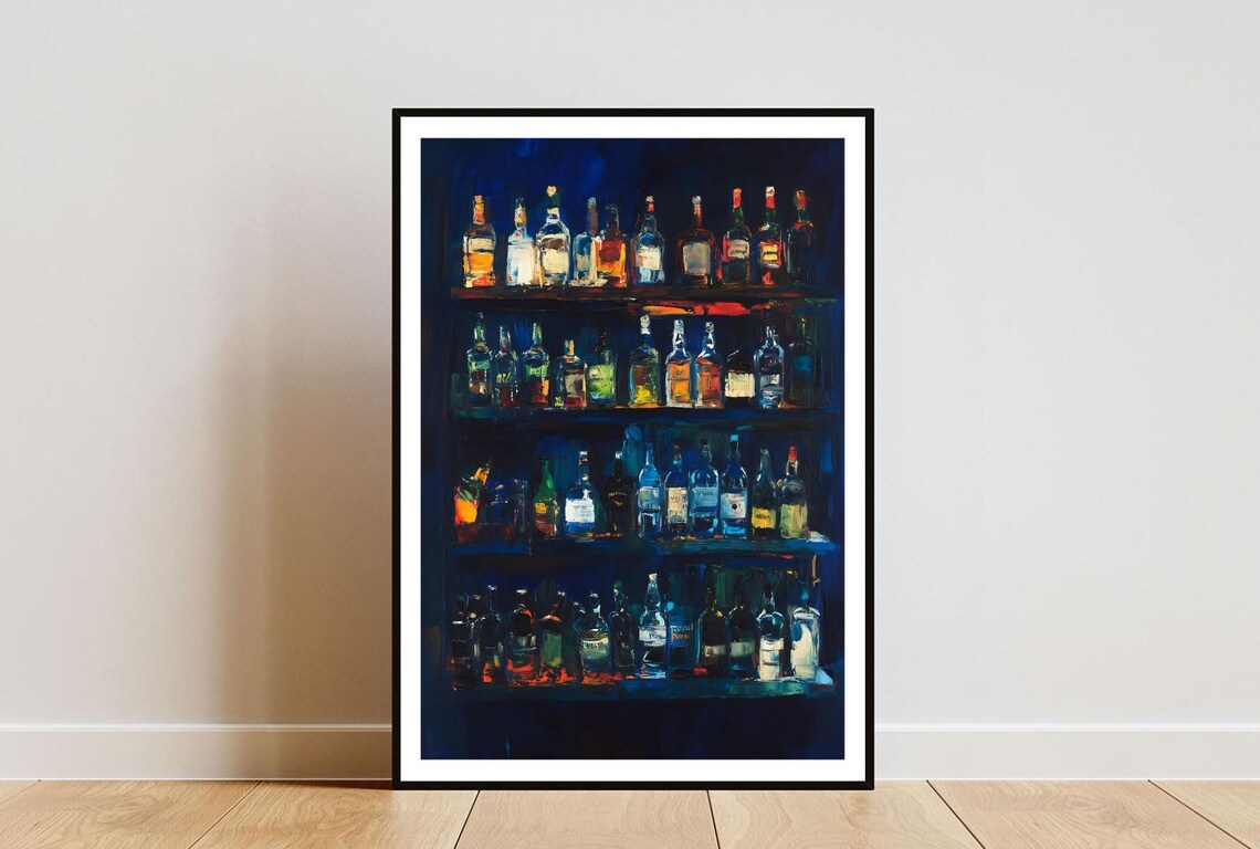 Moody Navy Bar Bottles Shelf Glowing Amber Oil Painting Poster