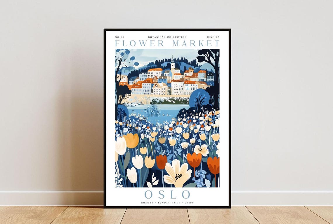 Oslo Flower Market Poster Oslo Poster Flower Market Print Flower Wall Art Botanical Poster Floral Wall Art Blue Flower Poster