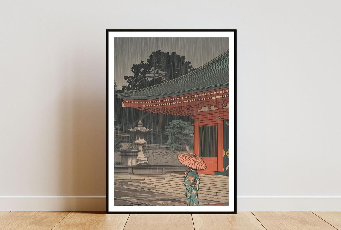 Rainy Japanese Temple Woman Pink Umbrella Ukiyo-e Art Poster