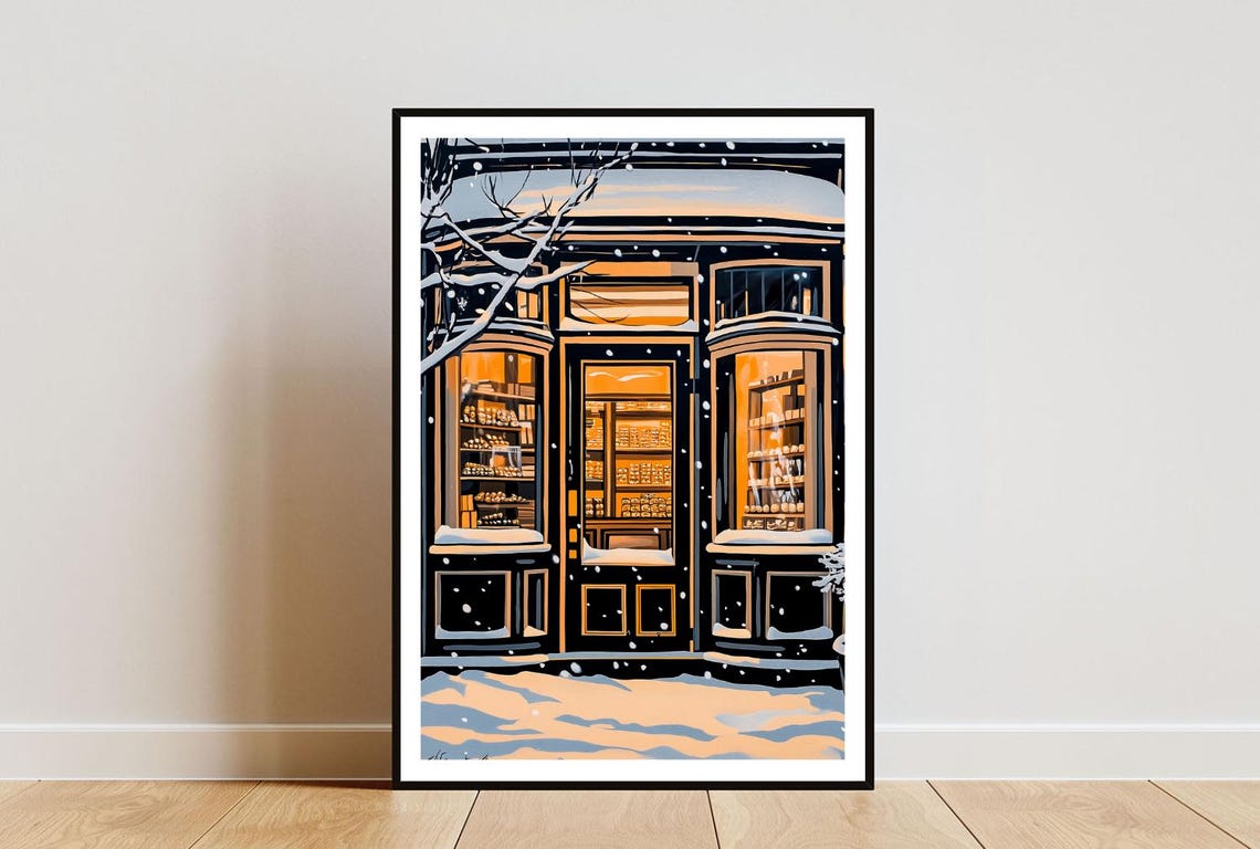 Retro Snowy Candy Shop Storefront Winter Sweet Treat Glow Poster