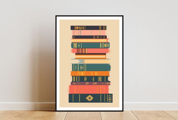 Colorful Stacked Books Spine Illustration Poster For Library Decor