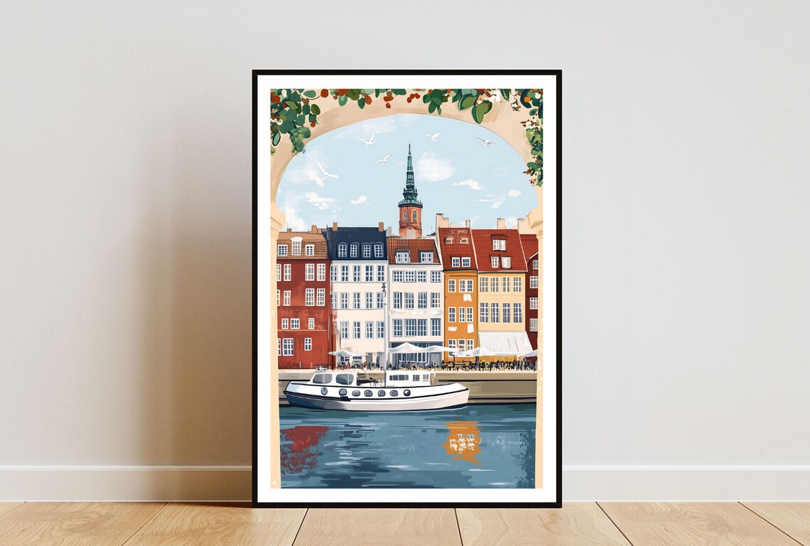 Copenhagen Denmark Nyhavn Harbor Colorful Houses Boat Poster