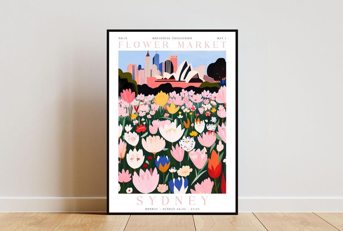Sydney Flower Market Poster Sydney Poster Flower Market Print Flower Wall Art Botanical Poster Floral Wall Art Pink Flower Poster