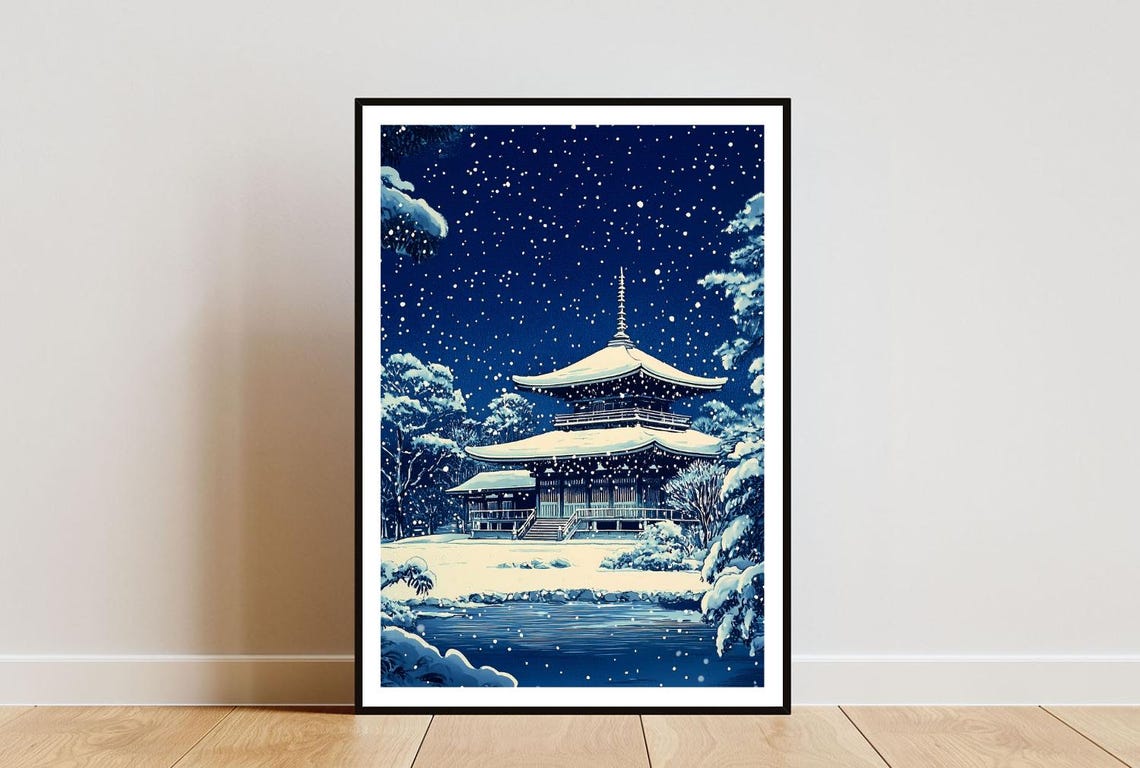 Snowy Japanese Pagoda Nightfall Falling Snow Ukiyo-e Winter Poster