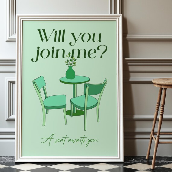 Green Illustration Print Will You Join Me Cozy Cafe Art