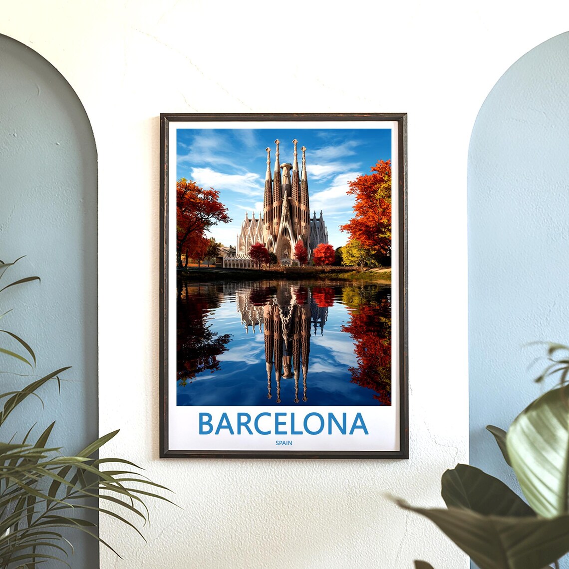 Barcelona Sagrada Família Fall Colors Mirror Lake Travel Poster - Image 3