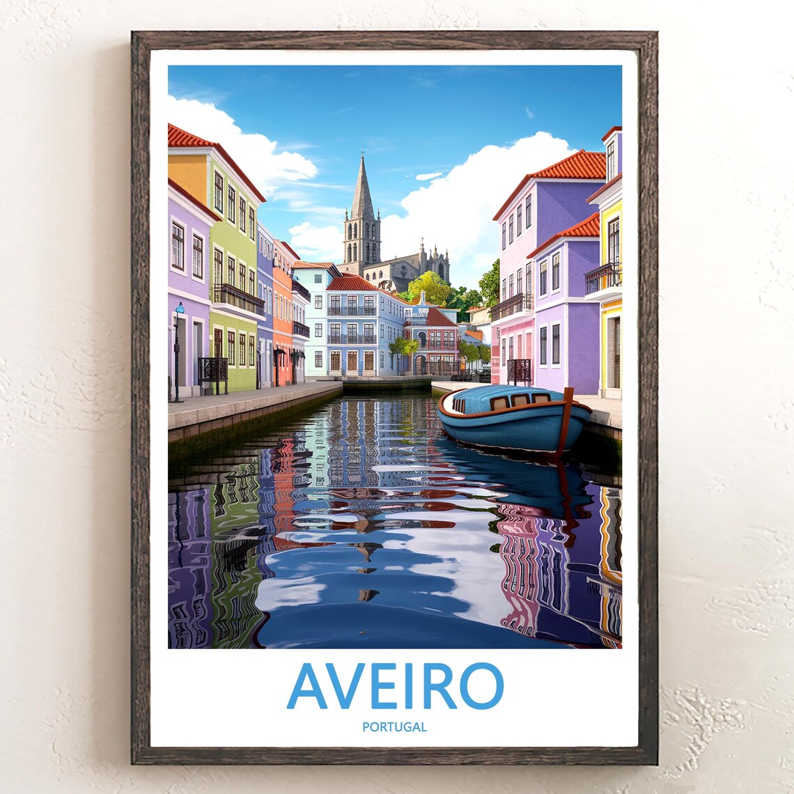 Aveiro Portugal Blue Moliceiro Boat Pastel Canal Houses Travel Poster