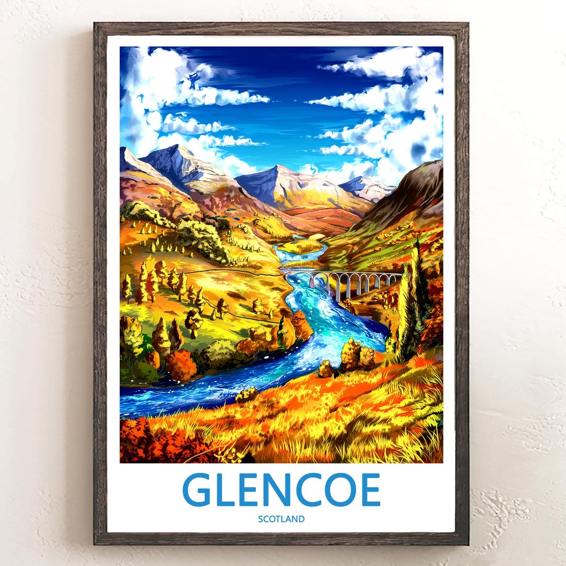 Glencoe Scotland Autumn River Viaduct Mountain Vista Art Poster