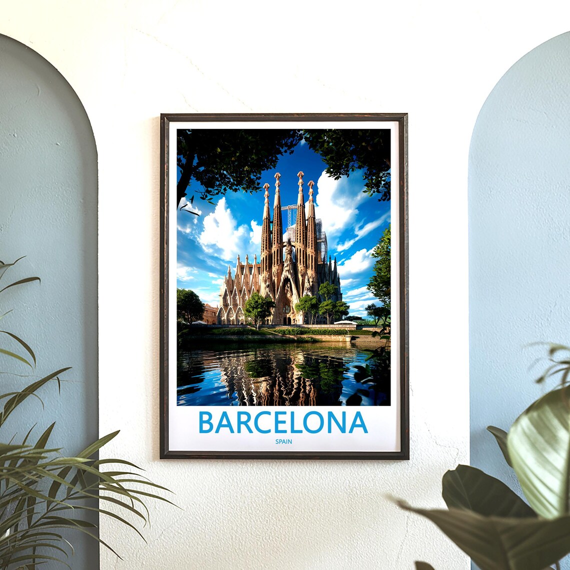Barcelona Sagrada Familia Water Reflection Dark Branches Travel Poster - Image 3