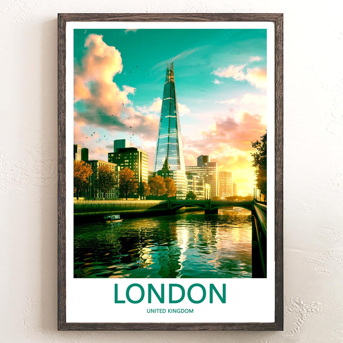 The Shard Glowing at Golden Hour by the River Thames Bridge Poster