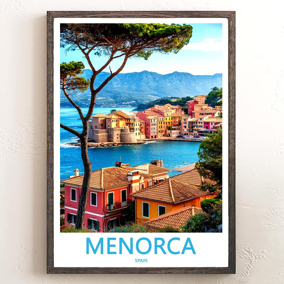 Menorca Spain Pastel Coastal Town Framed by Umbrella Pine Trees Poster