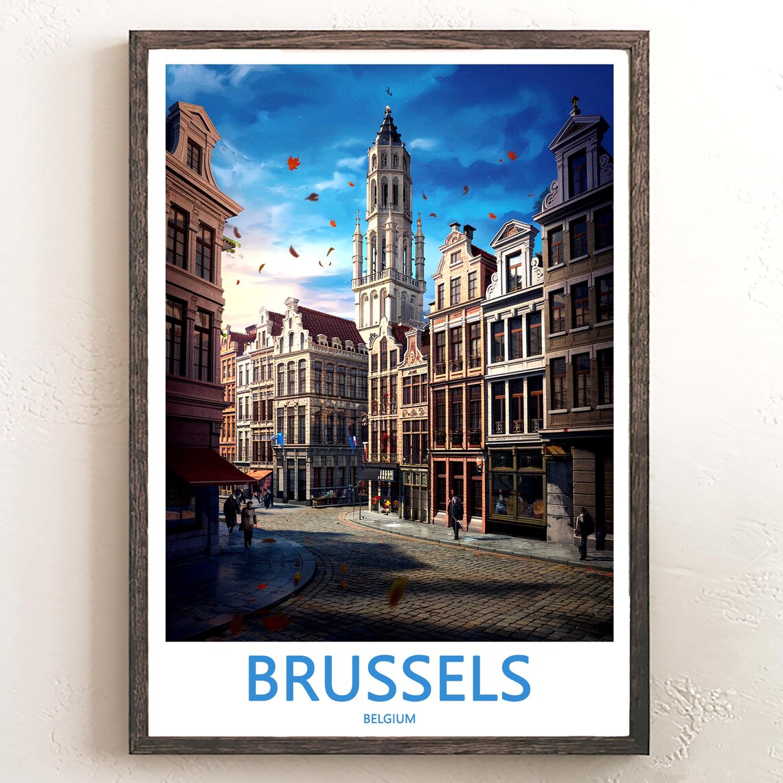 Brussels Guild Houses Evening Tower Autumn Leaves Art Poster