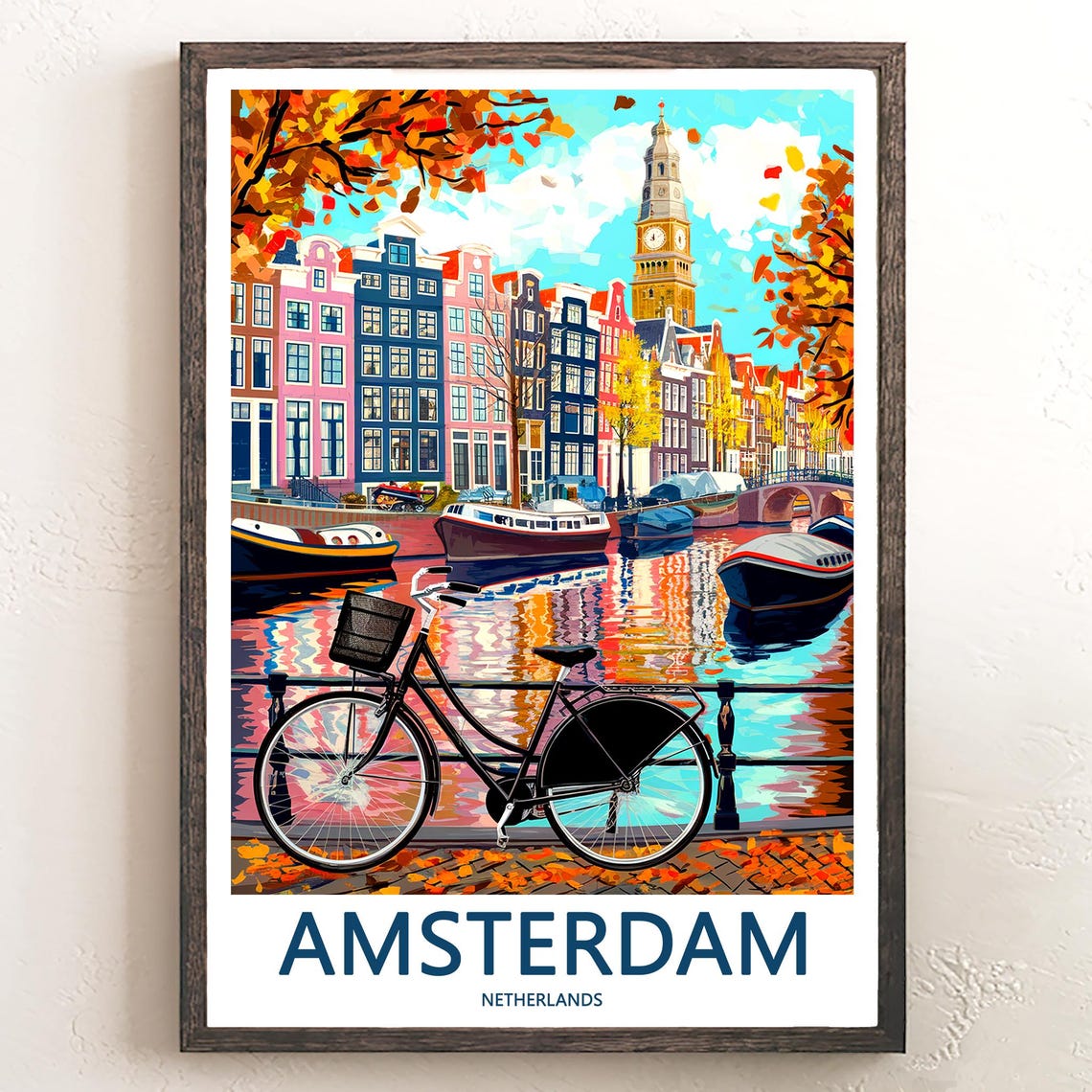 Amsterdam Canal with Bicycle Clock Tower Autumn Art Travel Poster