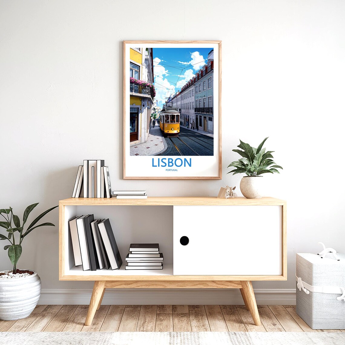 Lisbon Vintage Yellow Tram Alfama Street Bright Blue Sky Poster - Image 2