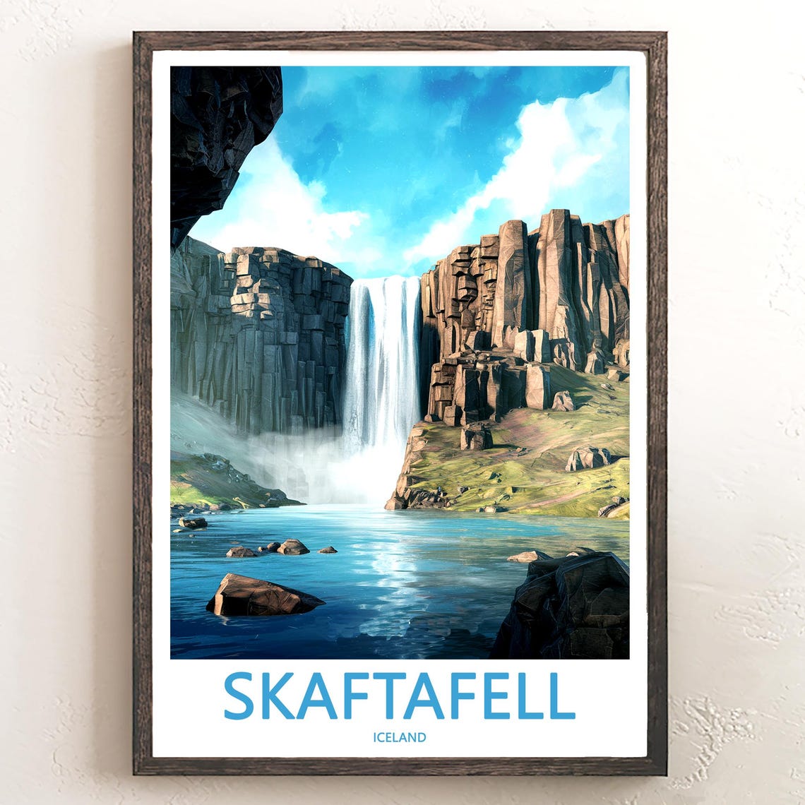 Skaftafell Iceland Waterfall Between Basalt Cliffs Travel Poster