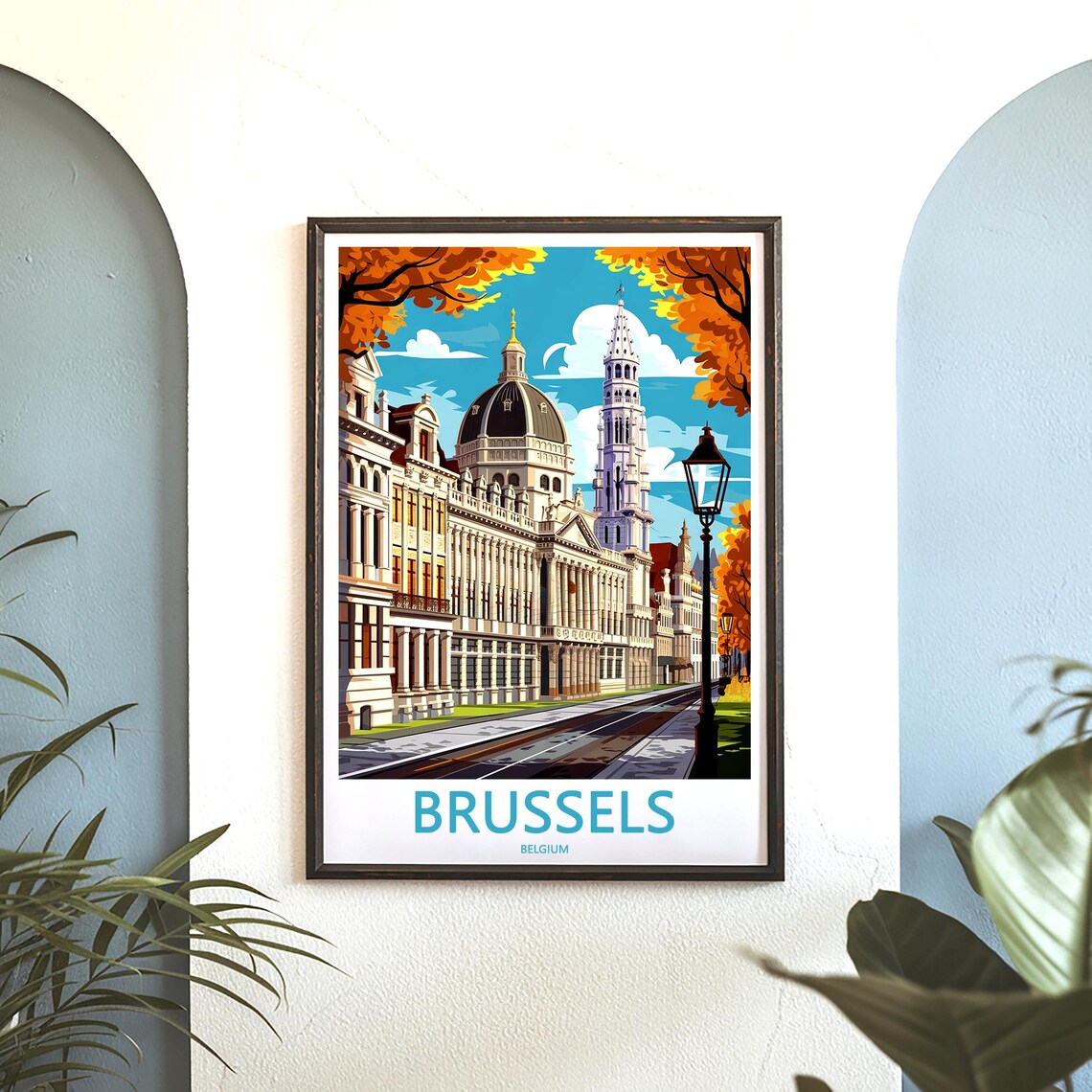 Brussels Belgium Cathedral Dome Tram Street Illustration Poster - Image 3