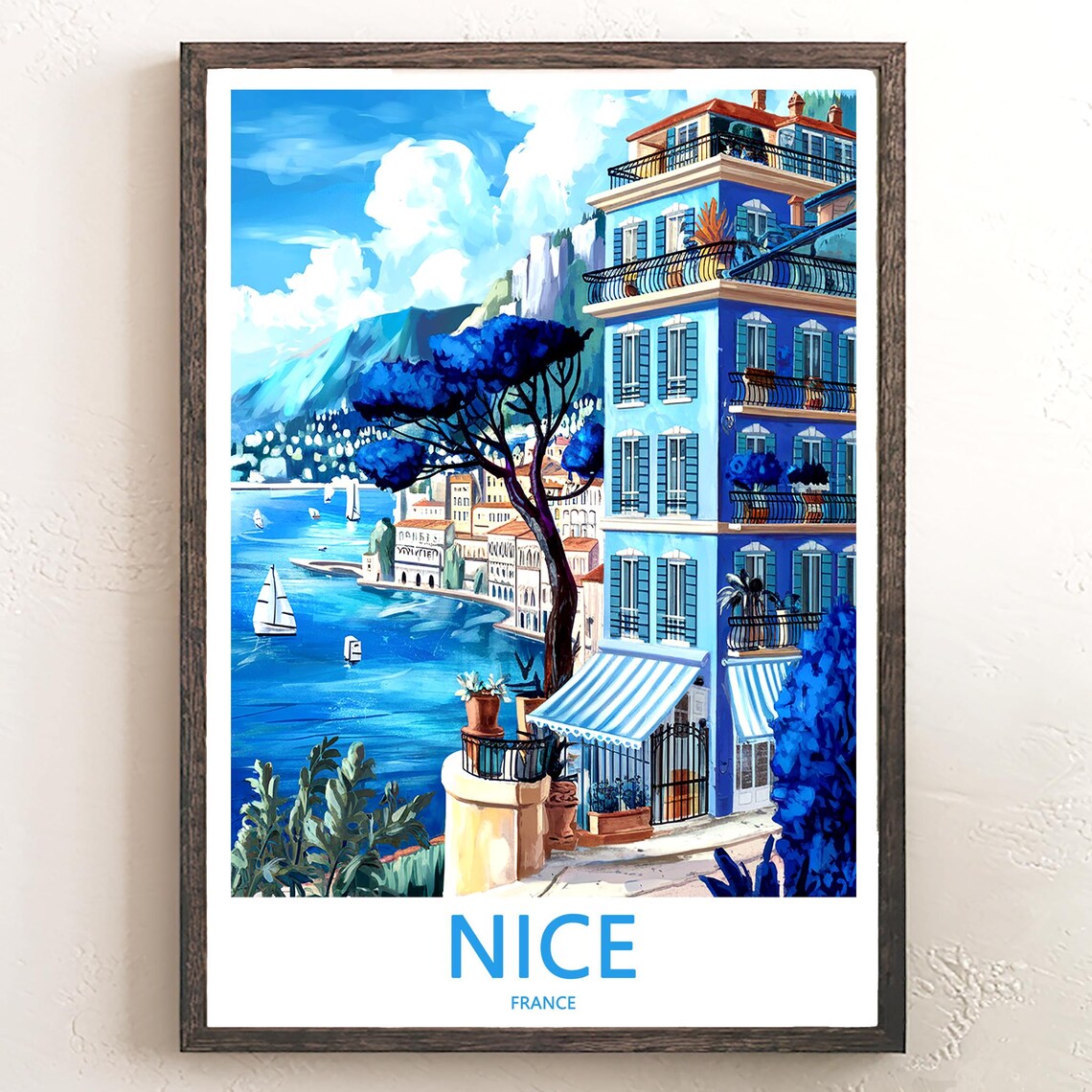 Nice France Blue Building Bay View Sailboats Travel Art Poster