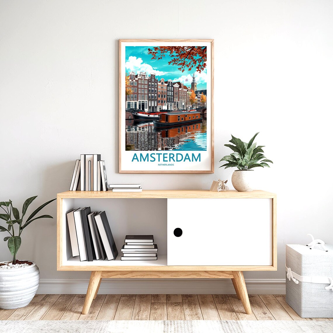Amsterdam Illustrated Canal with Houseboats Autumn Art Poster - Image 2
