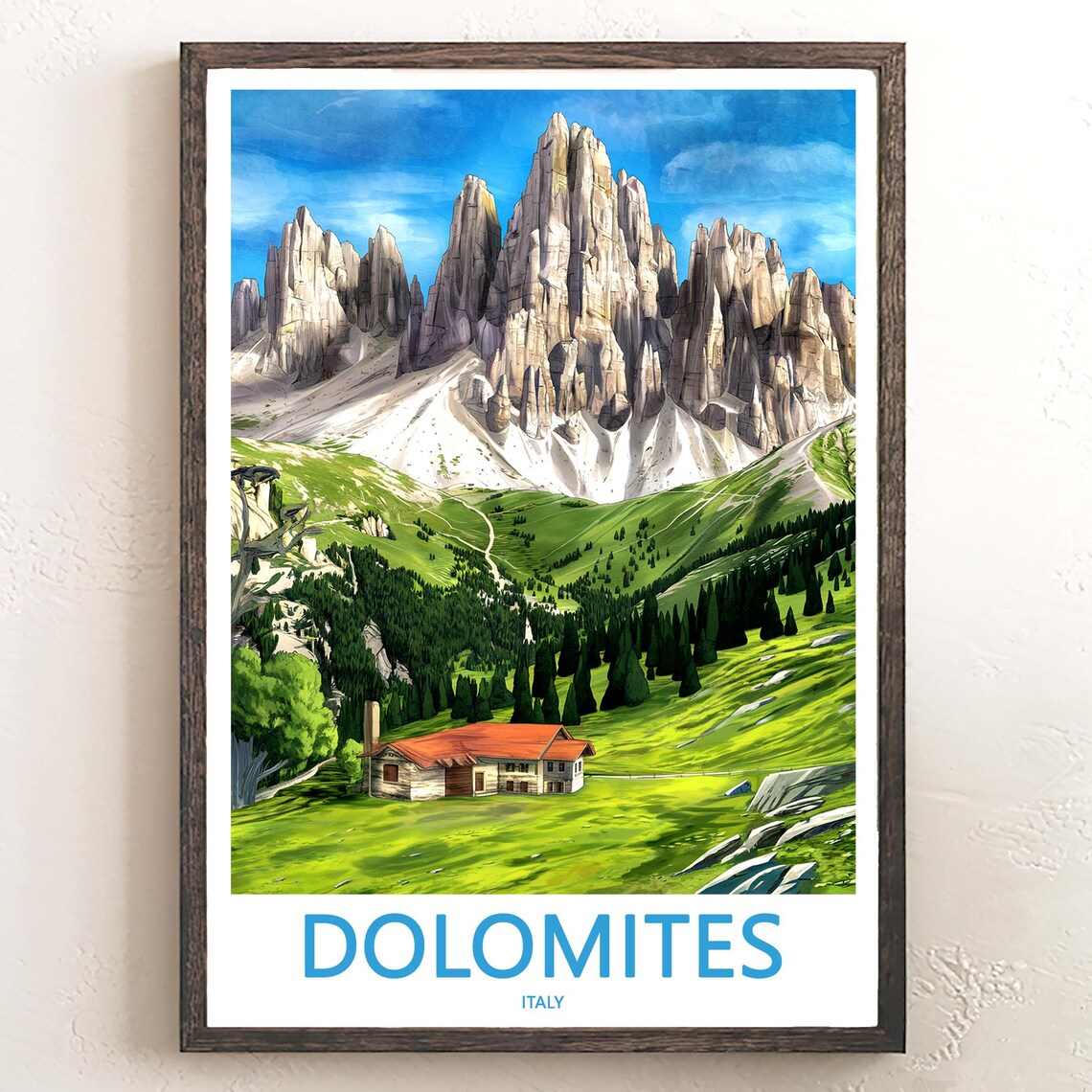 Dolomites Mountain Hut in Green Meadow Italy Nature Travel Poster