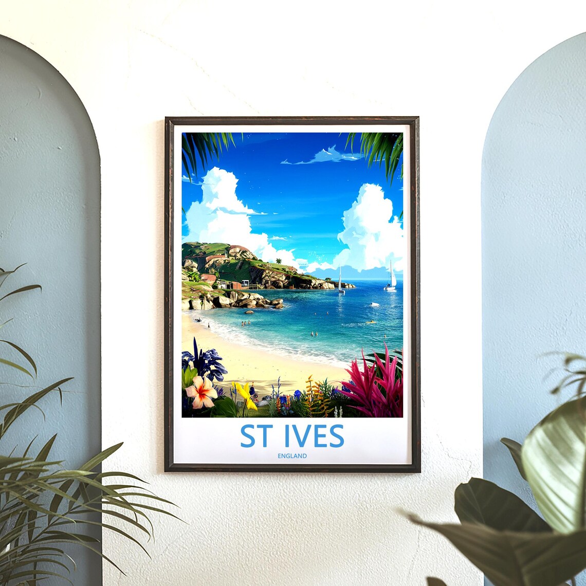 St Ives England Secluded Sandy Cove Rocky Headland Day Poster - Image 3
