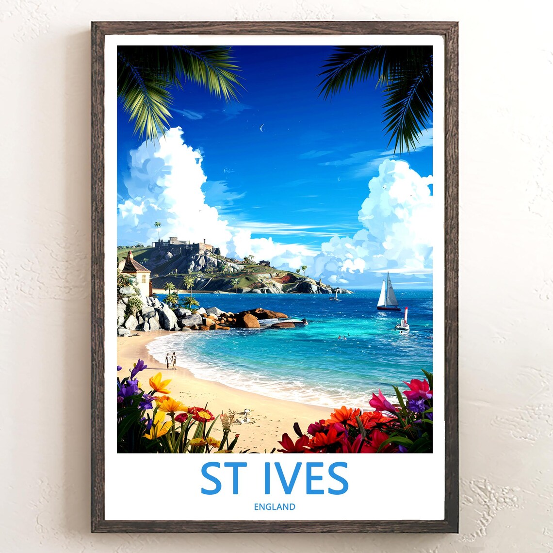 St Ives England Sandy Beach Sailboats Palm Fronds Floral Poster