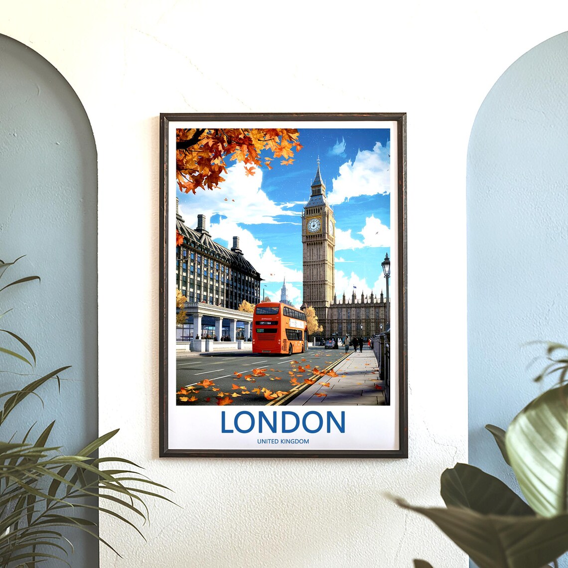 Big Ben Red Double Decker Bus on an Autumn Street Illustration Poster - Image 3