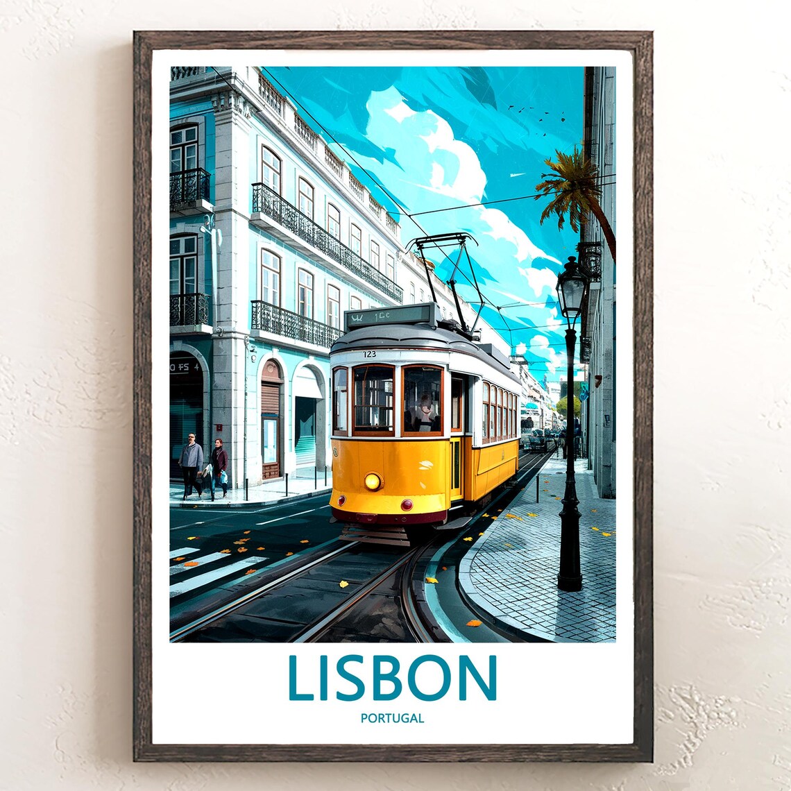 Lisbon Yellow Tram 123 on a Bright Sunny City Street Corner Poster