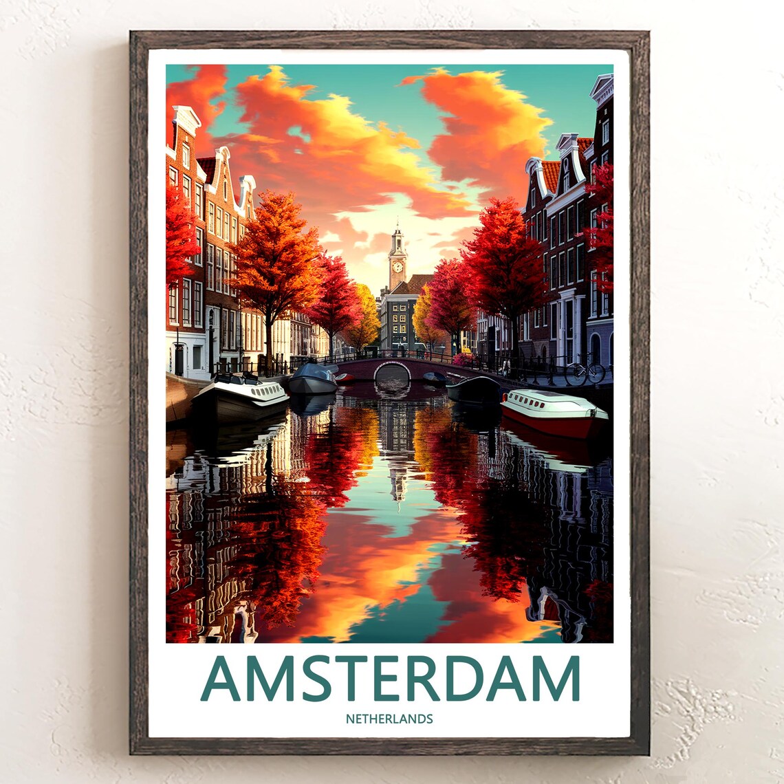 Amsterdam Canal Houses Mirrored in Water Autumn Art Travel Poster