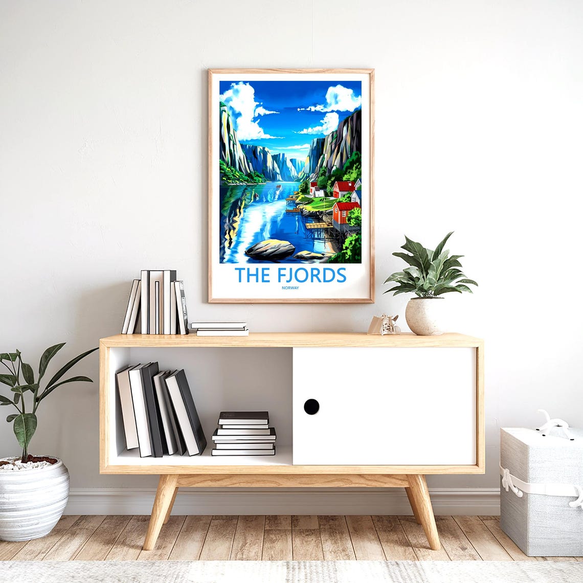 The Fjords Norway Red Cabins Towering Cliffs Illustration Poster - Image 2