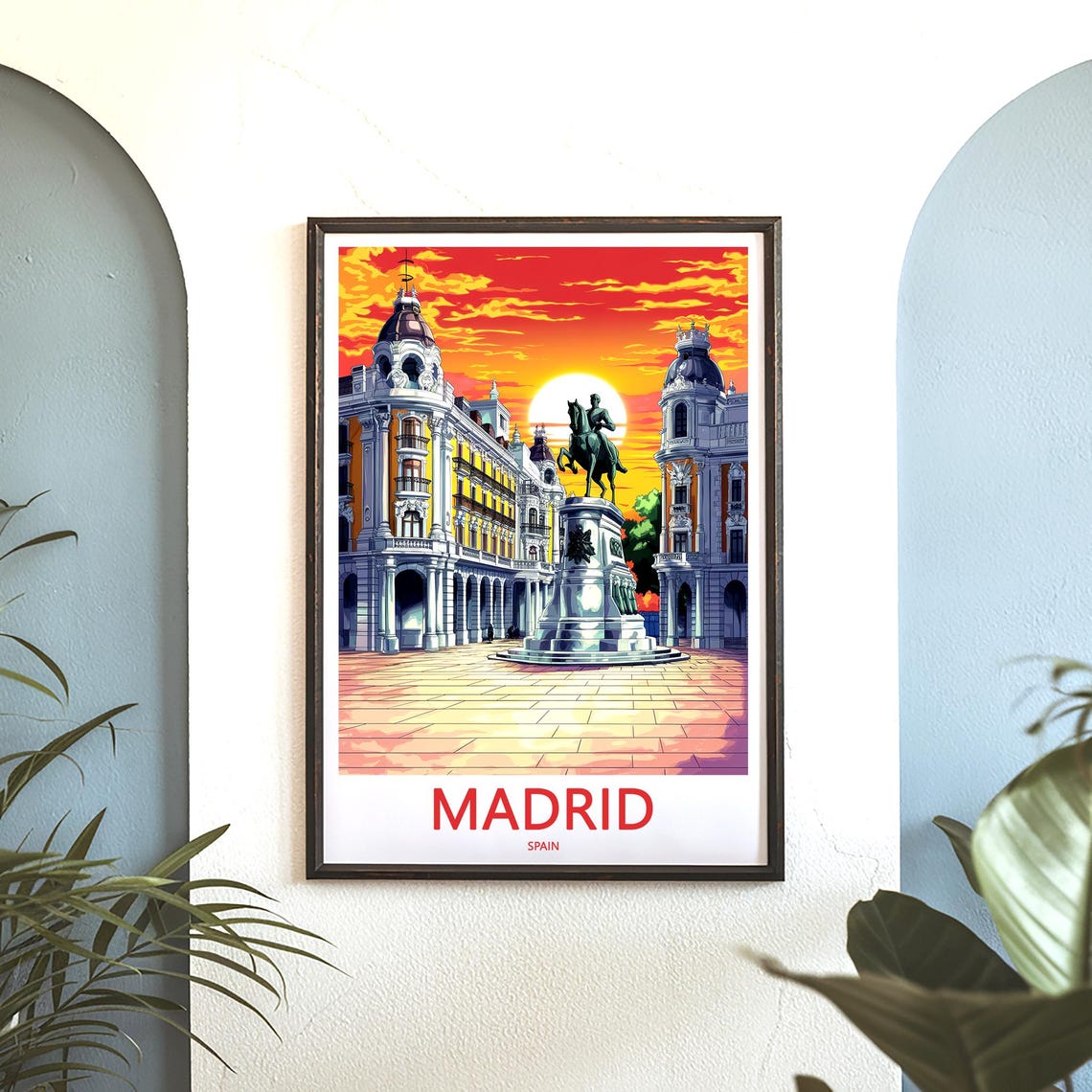 Madrid Sunset Illustration Equestrian Statue Plaza Scene Poster - Image 3