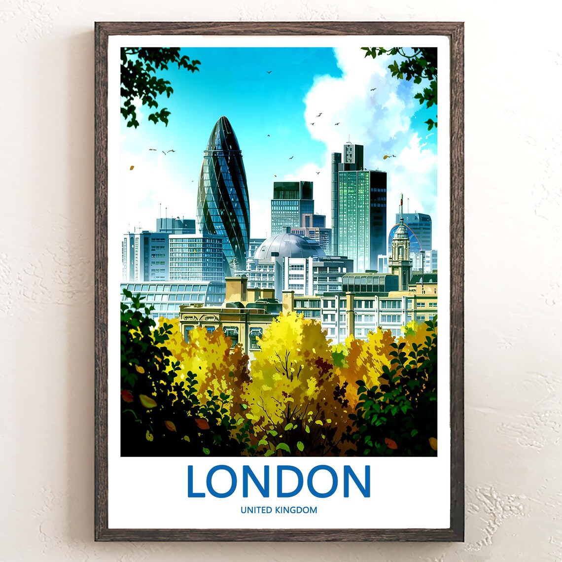 London City Skyline Gherkin Autumn Anime Illustration Poster
