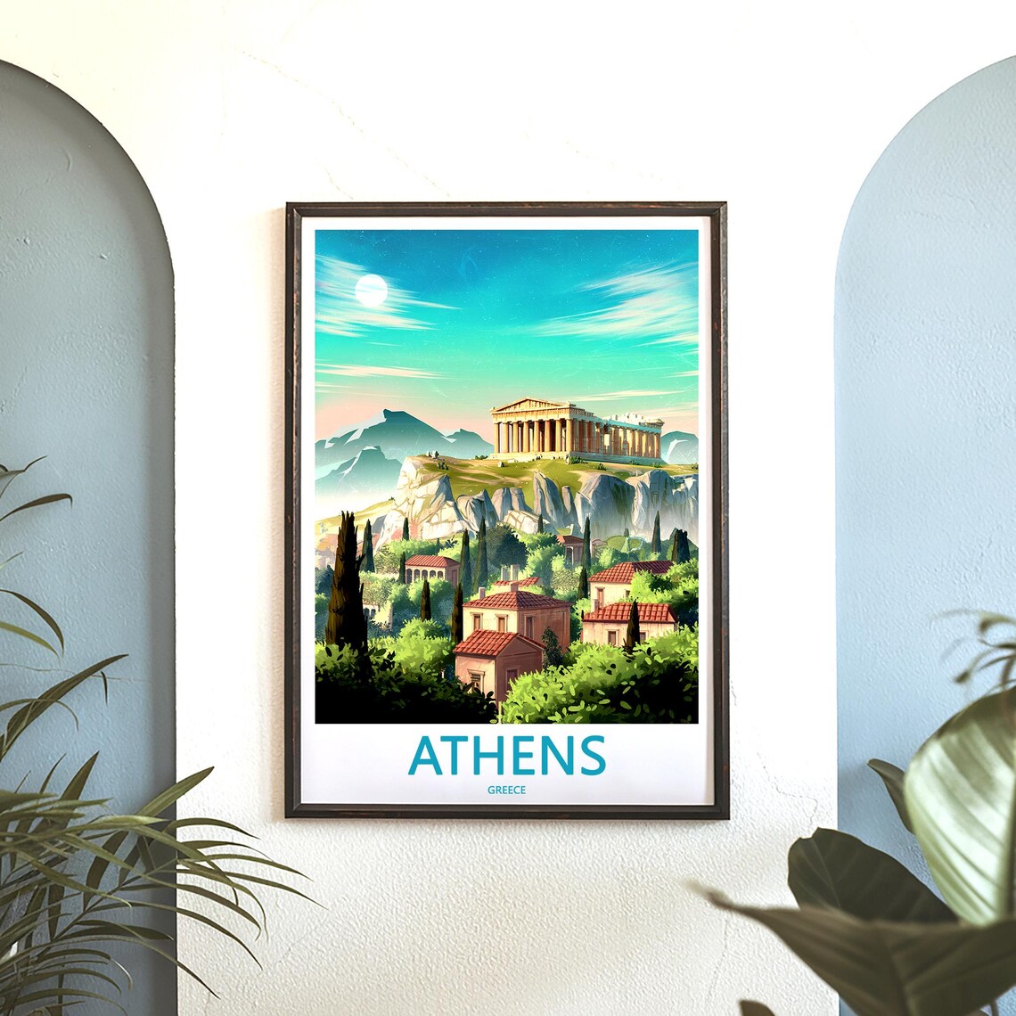 Athens Parthenon Turquoise Sky Terracotta Rooftops Illustrated Poster - Image 3