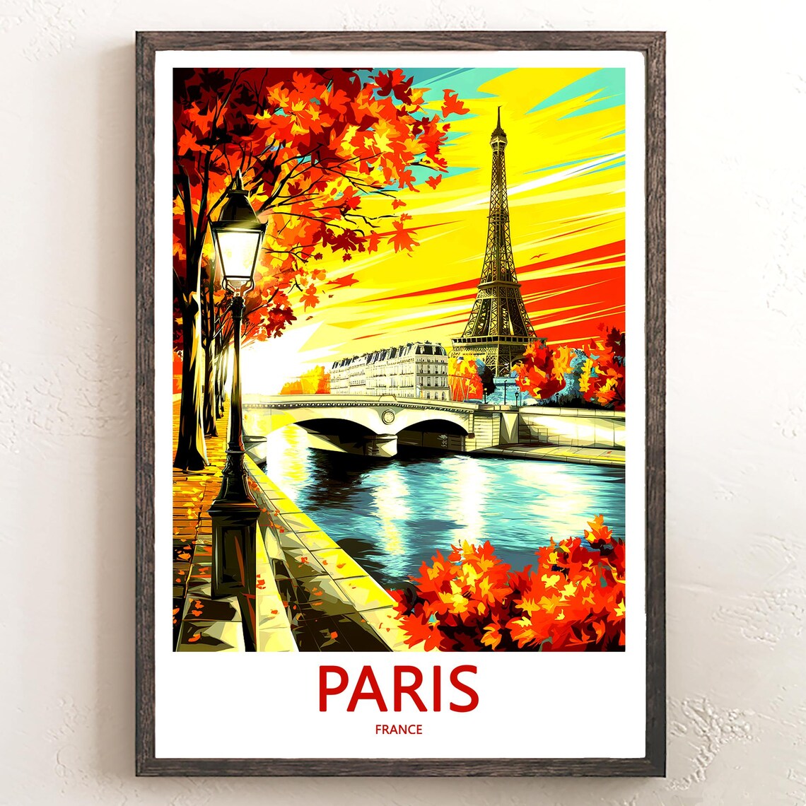 Eiffel Tower at Orange Autumn Sunset Over Seine Bridge Scene Poster
