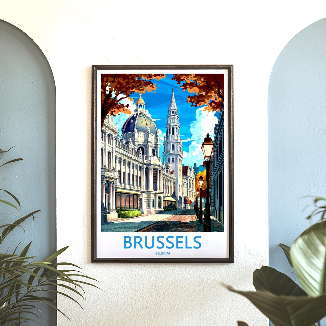 Brussels Belgium Grand Cathedral Dome Autumn Illustration Poster - Image 3