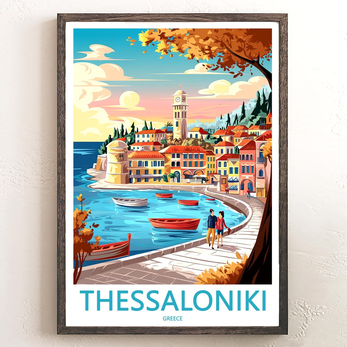 Thessaloniki Greece Waterfront Promenade and Boats Travel Poster