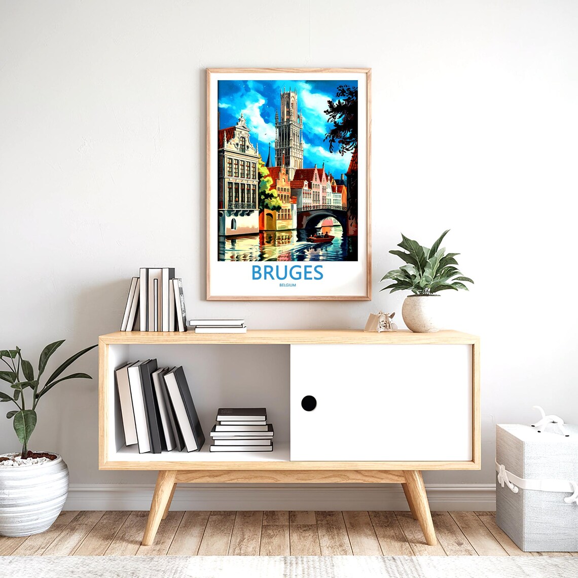 Bruges Belgium Canal Boat Under Bridge Historic Tower Poster - Image 2
